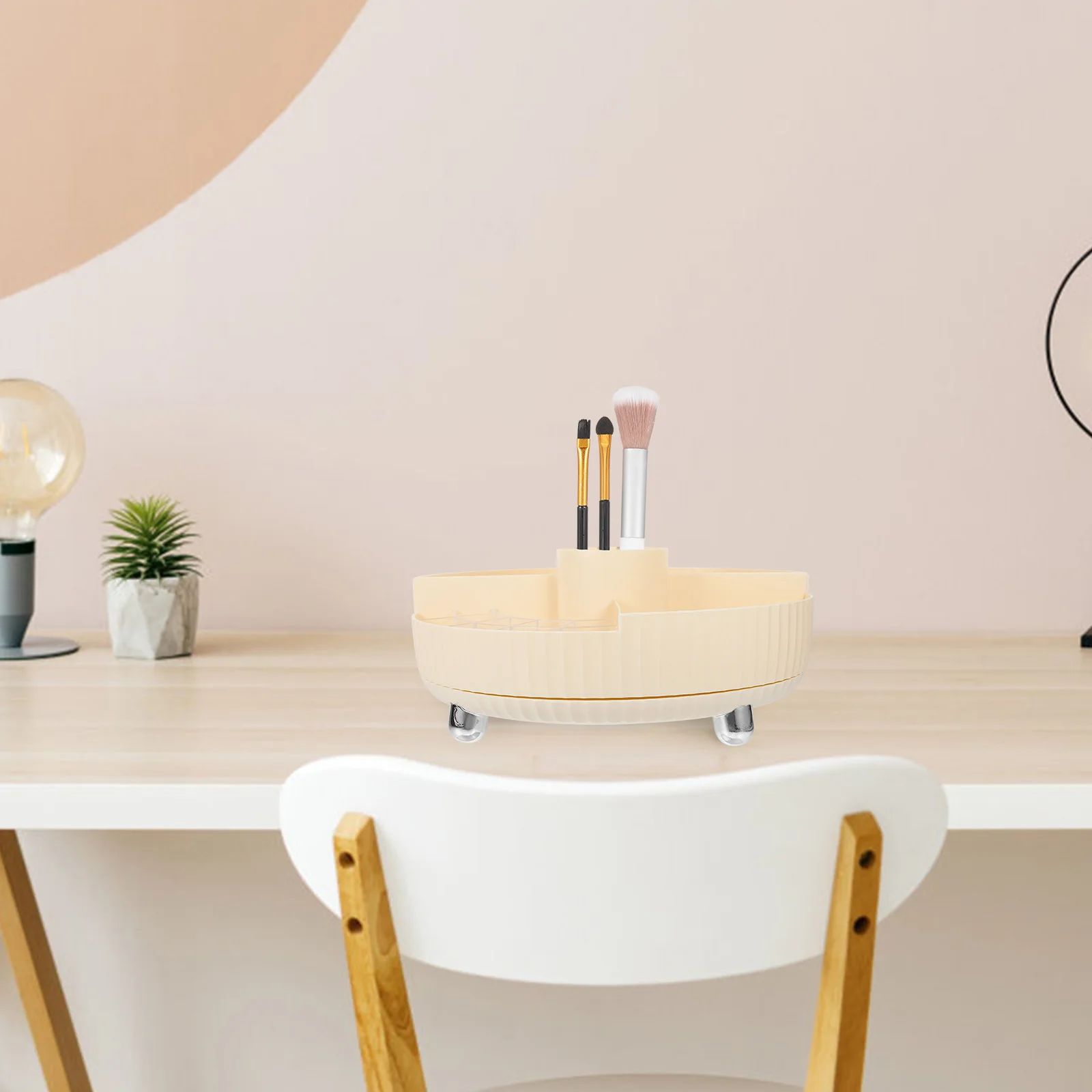 

360 Degree Makeup Organizer 360 Degree Rotation Makeup Brush Holder Beige Vanity Tray Storage Bucket for Brush Pen Lightweight