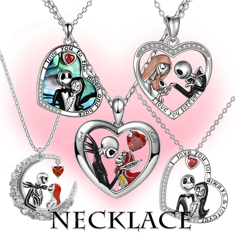 The Nightmare Before Christmas Necklace Anime Movie Figure Jack Sally Fashion Heart Jewelry Couple Lovers Valentine's Day Gifts