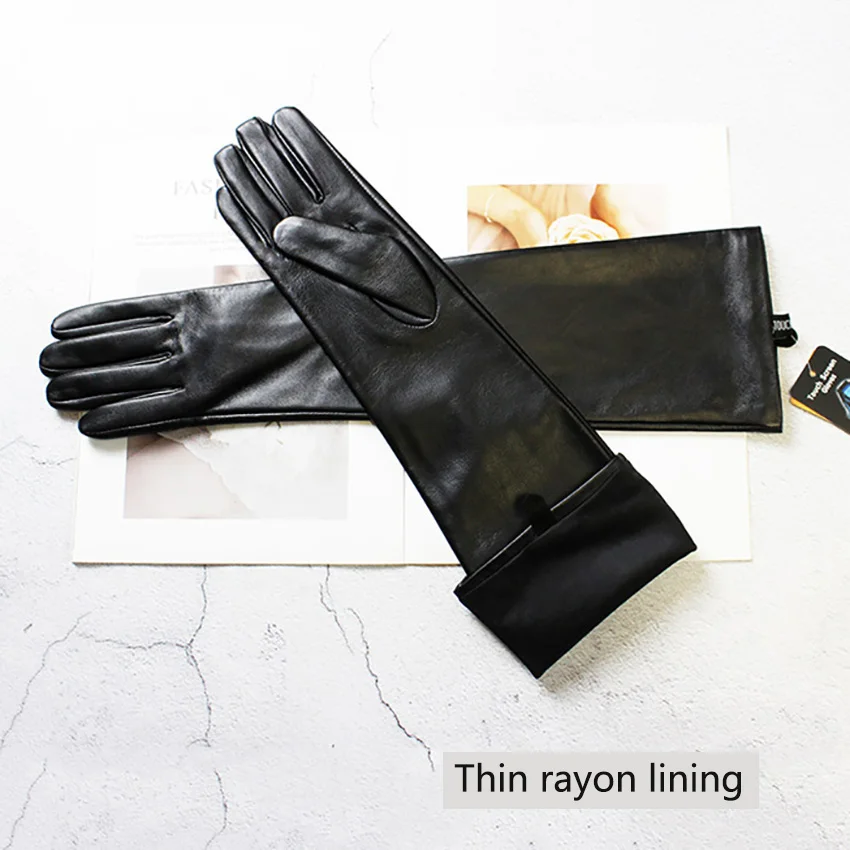 Women's Touch Screen Long Leather Gloves Thin Colored Sheepskin Fashion Stage Wear Autumn Silk Lining Sleeves