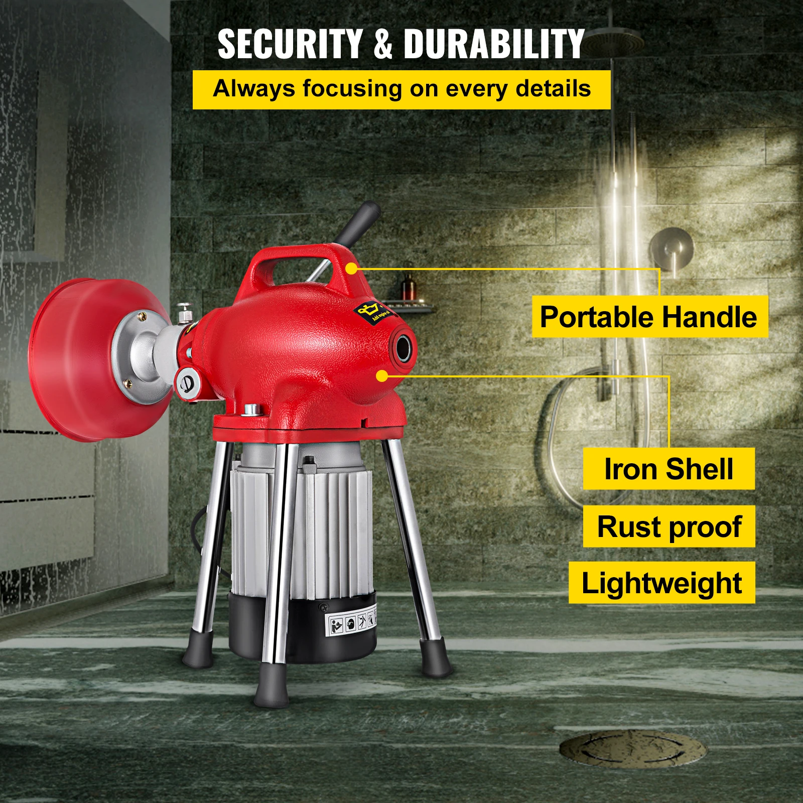 VEVOR Macchina per la Pulizia degli Scarichi 250/400/500 W 2 Cavi Coclea di Scarico Elettrica per Tubi da 3/4" a 4" Power Spin con Funzione di Alimentazione Automatica e 6 Taglierine