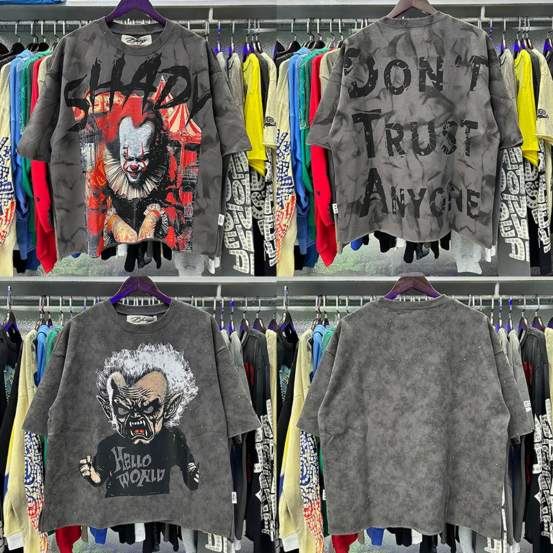 BKYS T-Shirt High Quality American Street Skeleton Hotfix Rhinestone Glitter Loose 100% Cotton Short Sleeve T-Shirt Men Women