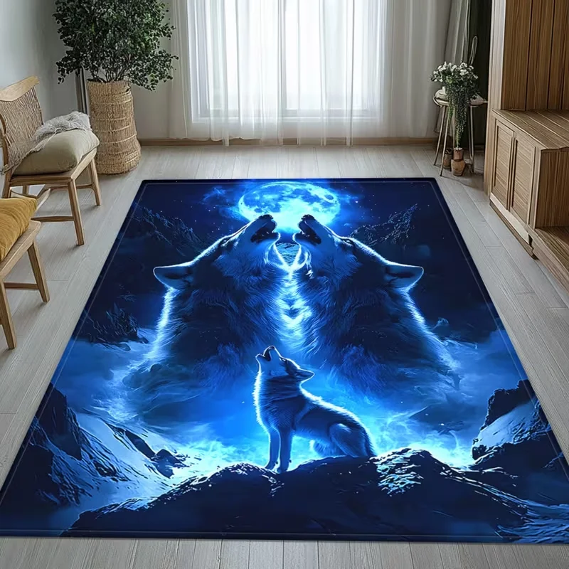 

Ковер с изображением волка, лунного сияния и полной луны для детской комнаты, синий, мягкий, удобный, для игр, для дома и улицы
