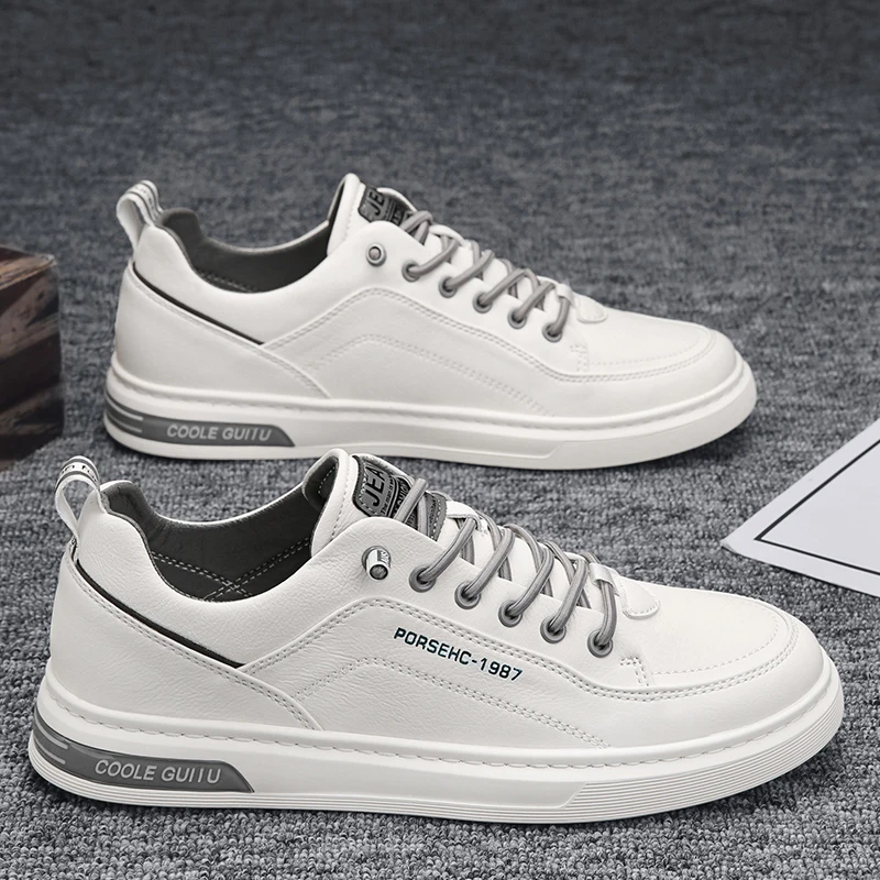 

Summer Men's Casual Leather Shoes Breathable Versatile White Sneakers for Work And Sports Trendy Flat Heel Rubber Outsole