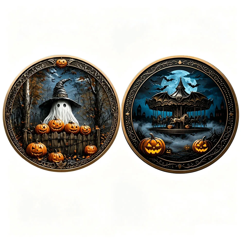 1pc Vintage Halloween Ghost Carousel Commemorative Coin Color Print Ghost Pumpkin Bat Challenge Coin Keepsake Gift for Halloween