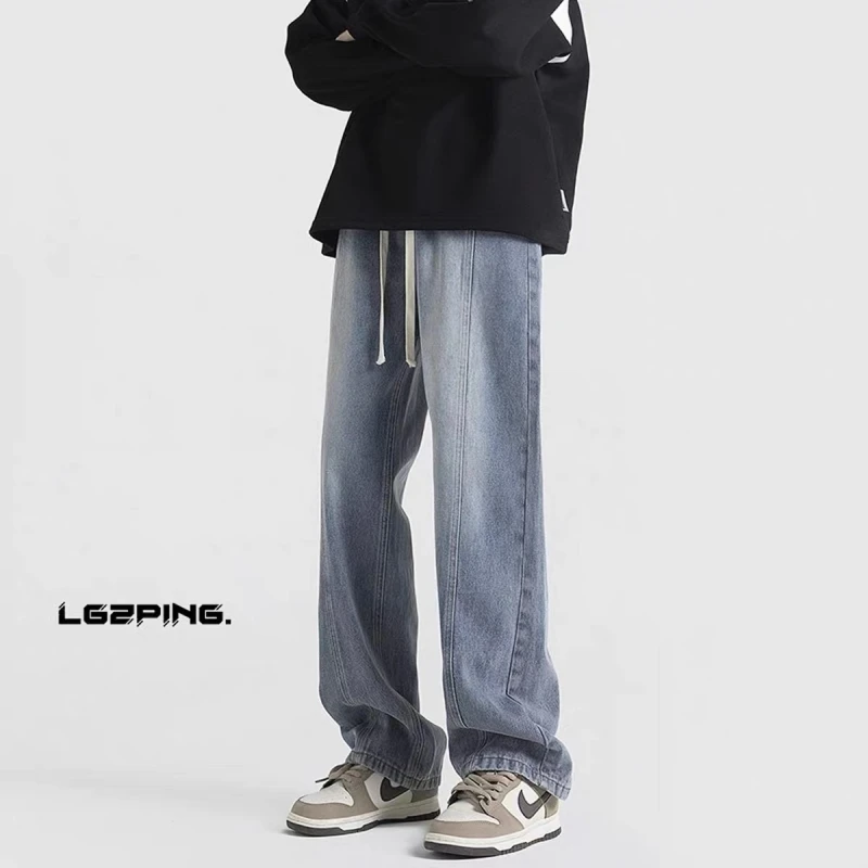

Американские уличные винтажные джинсы с эластичной резинкой на талии, мужские широкие брюки, повседневные прямые свободные длинные брюки