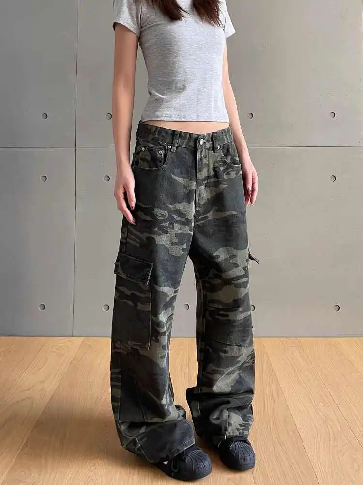 

Color Match Multi-pockets Camouflage Cargo Pants Y2K Women Streetwear Patchwork Baggy Overalls Wide Leg Loose Trousers
