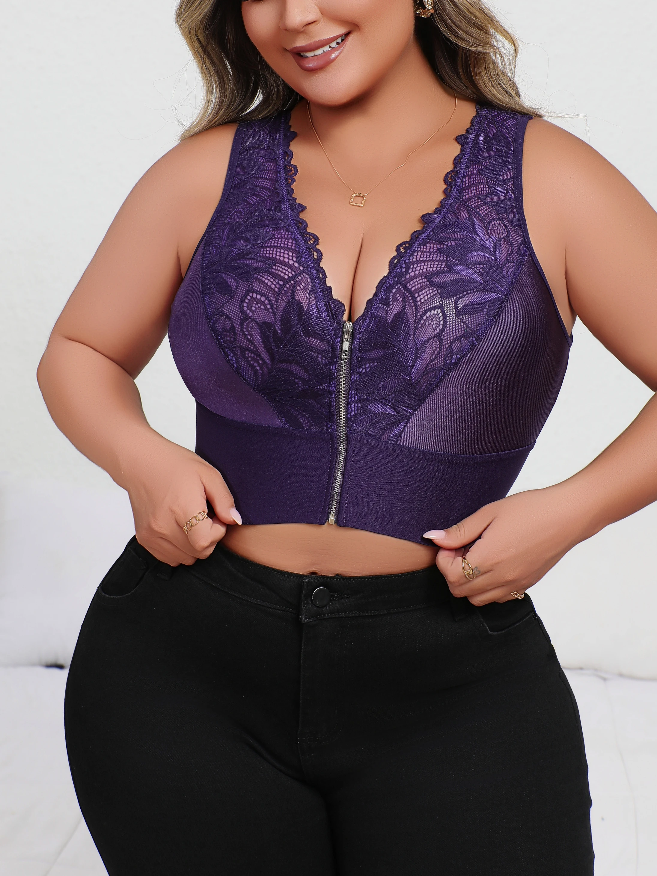 Nova chegada plus size sexy roxo bordado lingerie, sutiã push-up mergulho com zíper frontal