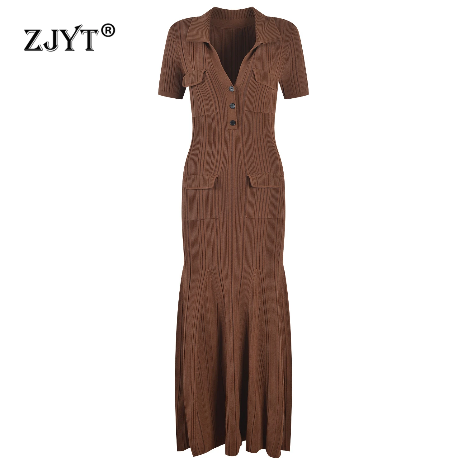 

ZJYT Elegant Women's Knitting Long Mermaid Dresses for Party Evening Summer Autumn Fashion Short Sleeve Holiday Dress Female New