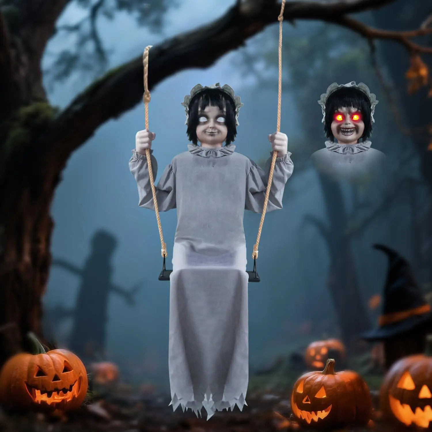 Life-Size Halloween Swinging Girl Animatronic Hanging Decoration, Motion and Sound Activated Creepy Twin-Face Prop with Eerie Laugh and Red Eyes, Indoor Outdoor Scary Halloween Decor