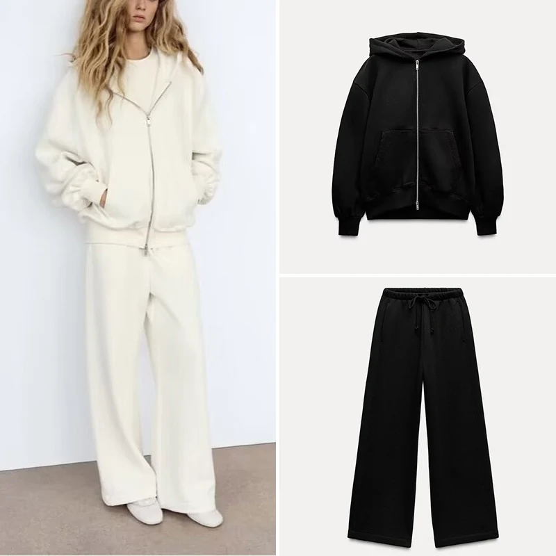 

High Waist Straight Leg Pants Zipper Detail Loose Fit Hoodie Two Piece Set Long Sleeve Casual Sportswear Zipper Pants