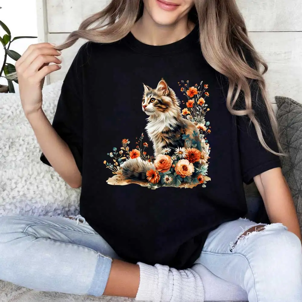 Cute Colorful Cat Iron-on Transfer For Clothing DIY A-Level Washable T-shirts Thermal Sticker Beautiful Flowers Patches Applique