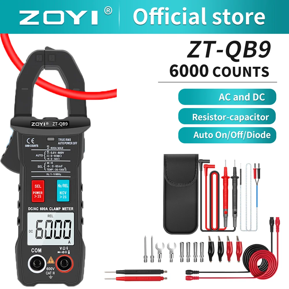 ZOYI-ZT-QB9 Grampo Medidor Digital, DC, Corrente AC, 6000 Contagens Multímetro, Amperímetro, Testador de Tensão, Carro, Hz, Capacitância, NCV, Teste de Ohm