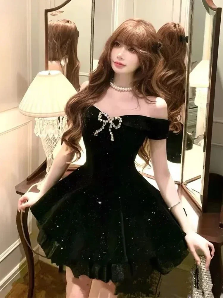 

Black Gothic Off Shoulder Mini Dress for Women, Vintage Y2K Party Birthday Evening Outfit