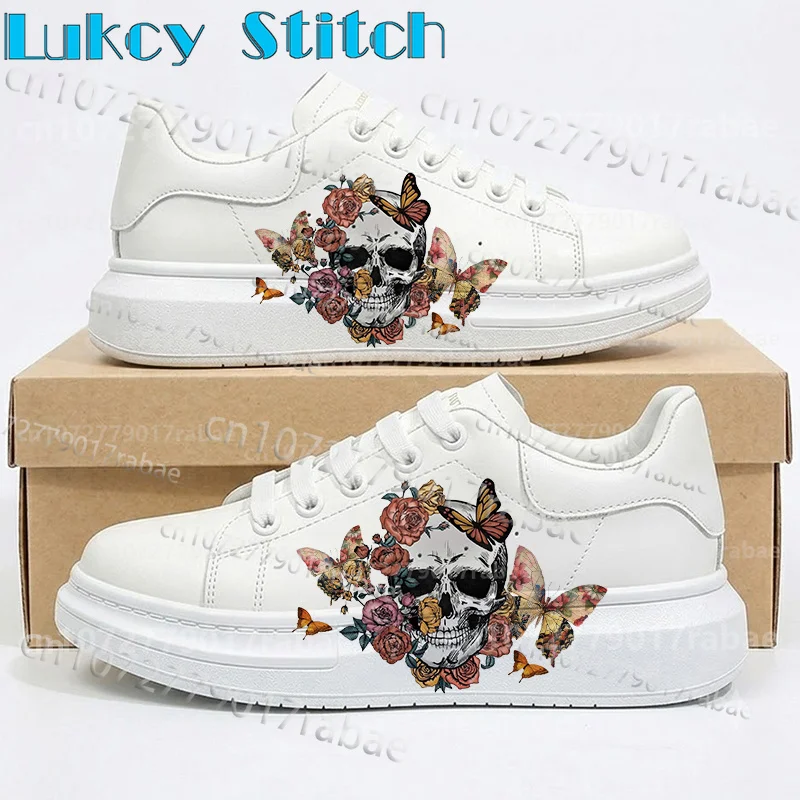 Gothic Skull Rose Butterfly Art Print Fashion Platform White Men's Footwear Non‑Slip Lace‑Up Board Shoes for Daily Street Wear