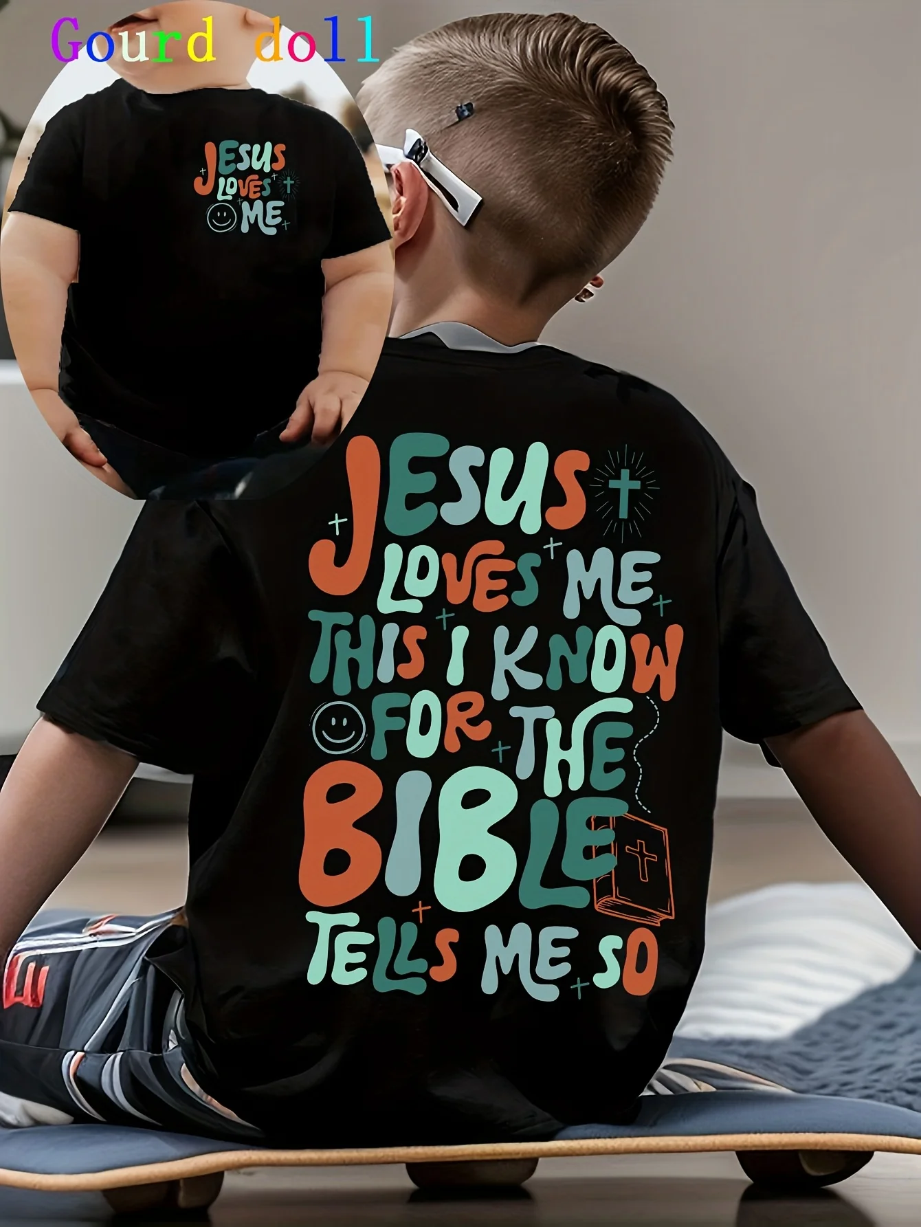 Boys Cartoon JUSUS LOVES ME Double‑Sided Print Polyester Summer Casual Short‑Sleeve T‑Shirt