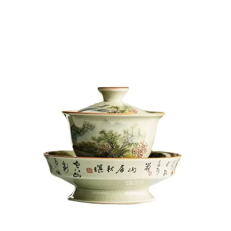 Jingdezhen Old Clay Mining Large Three Talents Cover Bowl Tea Cup, Single Bowl with Lid, Handcrafted Set for Brewing
