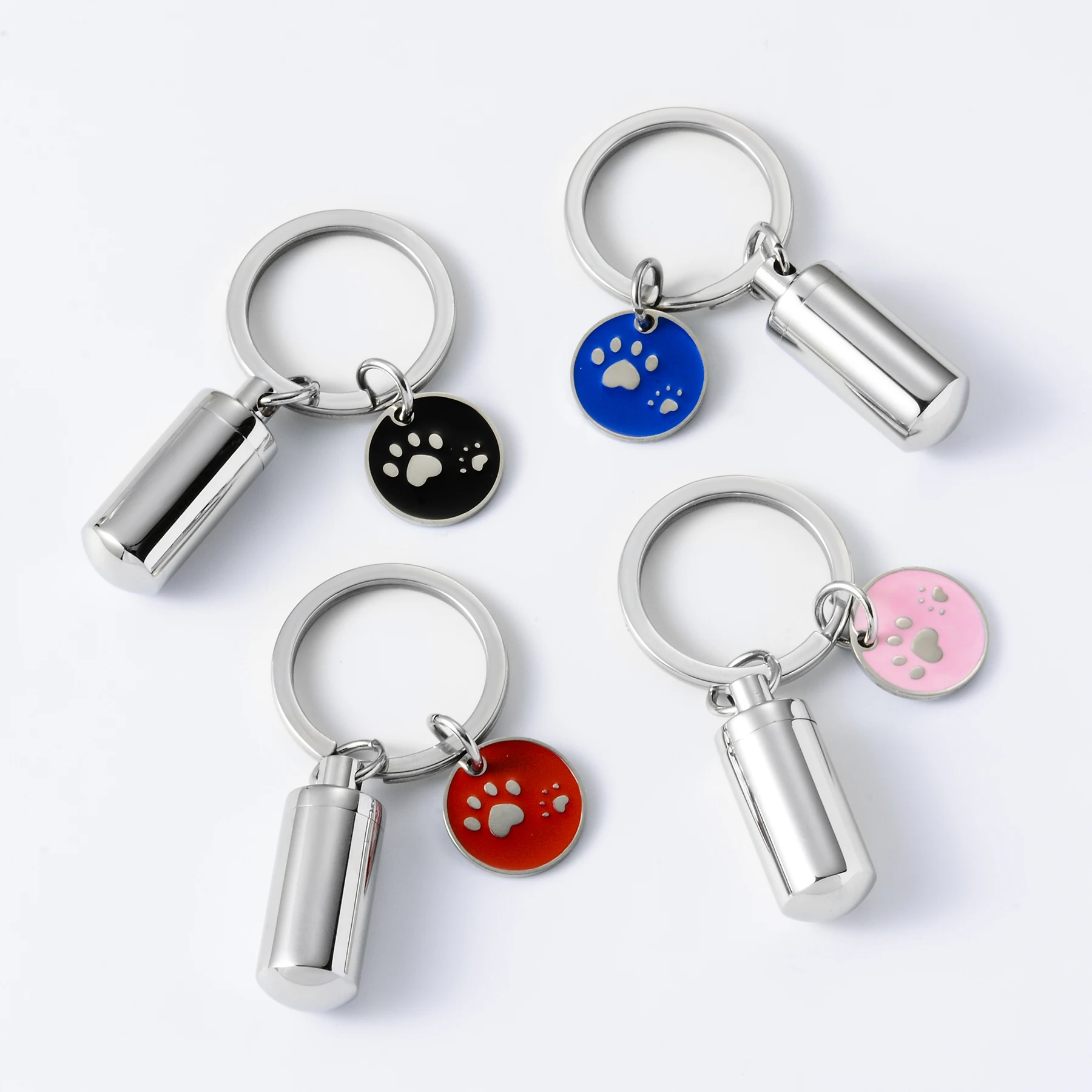 Enamel Pet Cat Dog Paw Charm & Cylinder Memorial Urn Key Chain Stainless Steel Keepsake Pendant Ashes Holder Cremation Jewelry