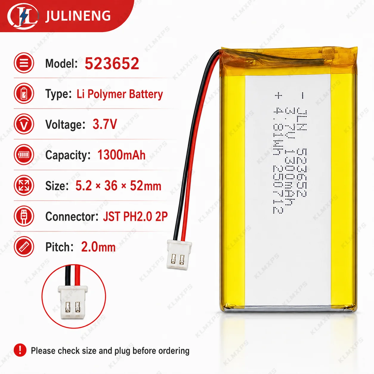 523652 3.7V 1300mAh Rechargeable Li Polymer Battery JST PH2.0 2P Connector for DIY Electronics Toys GPS MP3 MP4