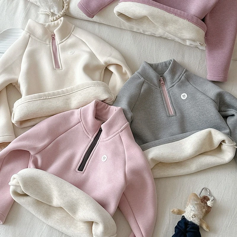 

Girls Autumn Winter Hoodies Warm Leisure Tops Zipper Pullover Kids Solid Color Sweater Children Long Sleeve Stand Collar Shirt