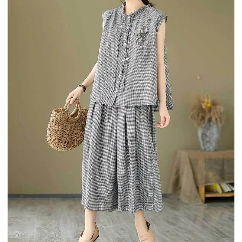 Plaid Pants Sets Casual Loose Cotton Linen Sleeveless O-neck Tops and Wide Leg Pants Korean Style Two Piece Sets Women Outfits