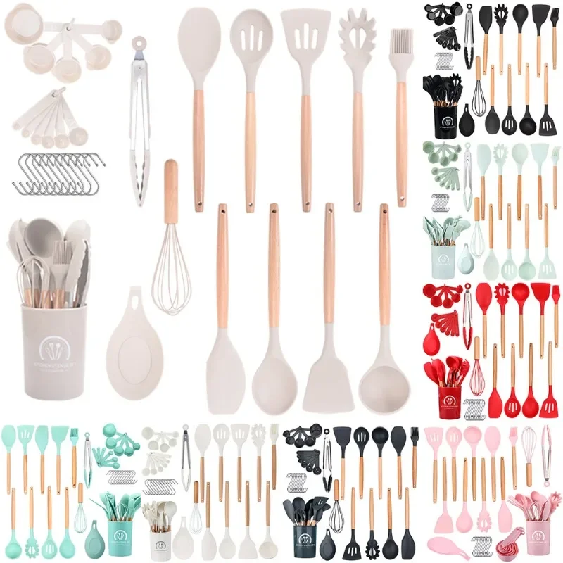 

24-piece wooden handle silicone kitchenware set Non-stick cooking pot spatula soup spoon Kitchen tools