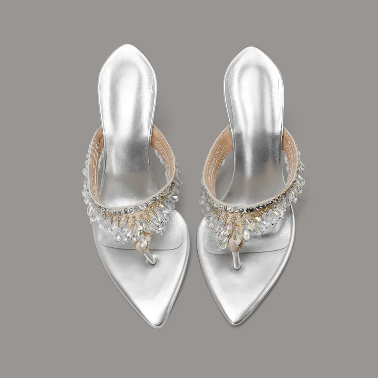 9 cm Heel Wedge Sandals Women's Shoes and Women's Slippers Fashion New Pointed Rhinestones Solid Color Comfortable Transparent