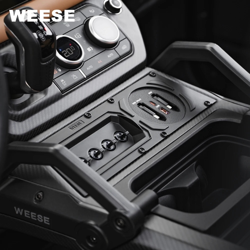 Système de commande central WEESE en carbone sec – Commutateur 4 voies, chargeur USB et poignée en aluminium pour Land Rover Defender 90/110/130