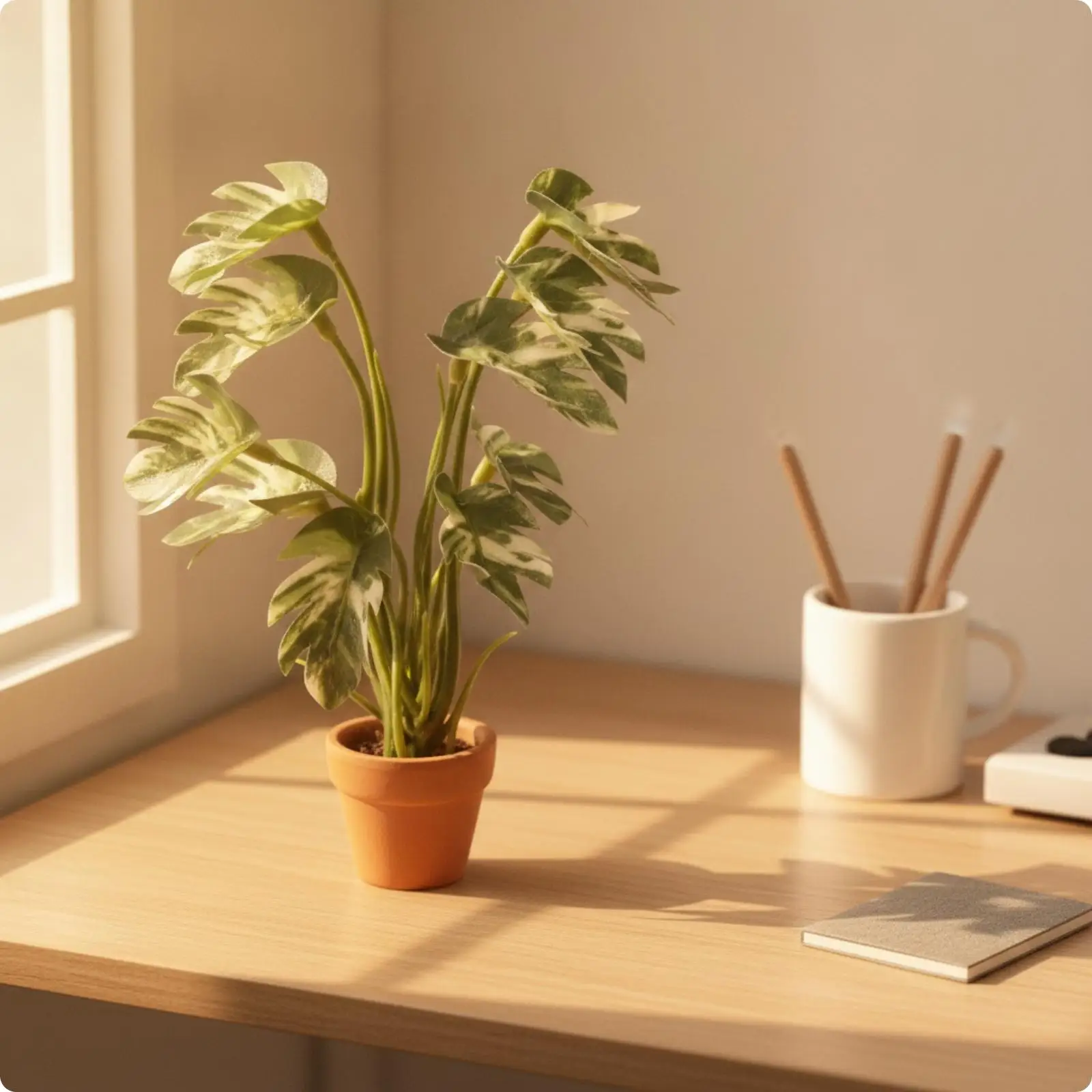 Realistic Artificial Flower Pots | No Watering Required, Miniature Artificial deeply-lobed foliage Plant, Compact Size