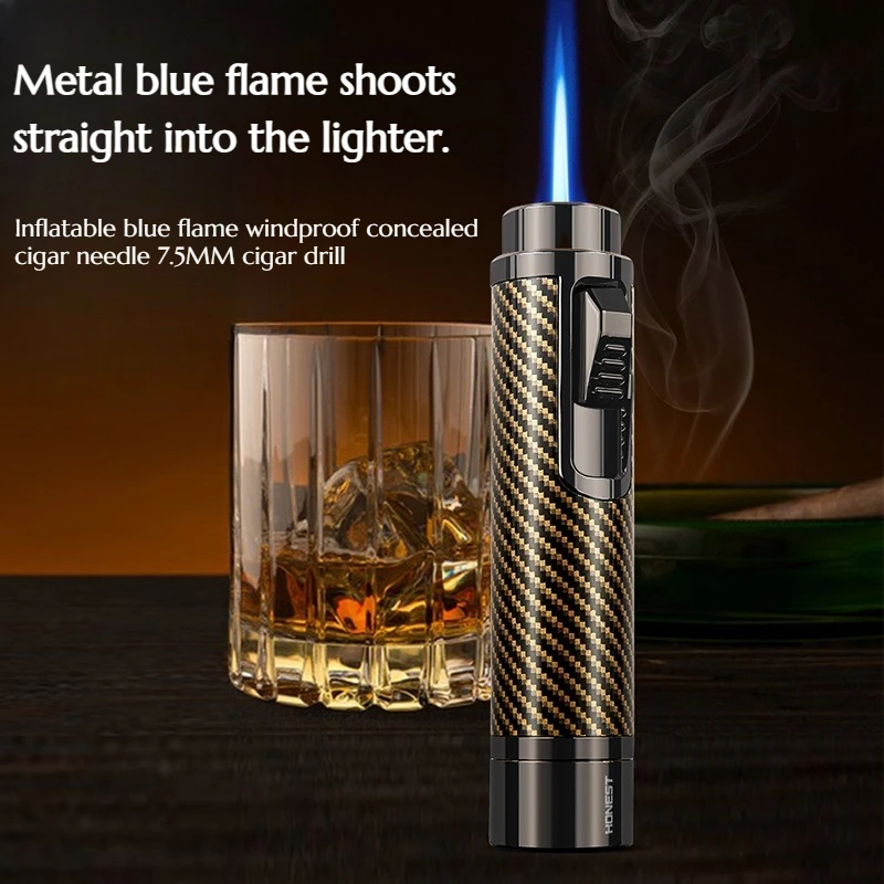 

Windproof Metal Inflatable Lighter with Hidden Cigar Needle and 7.5MM Cigar Drill High-end men Cigarette Accessories