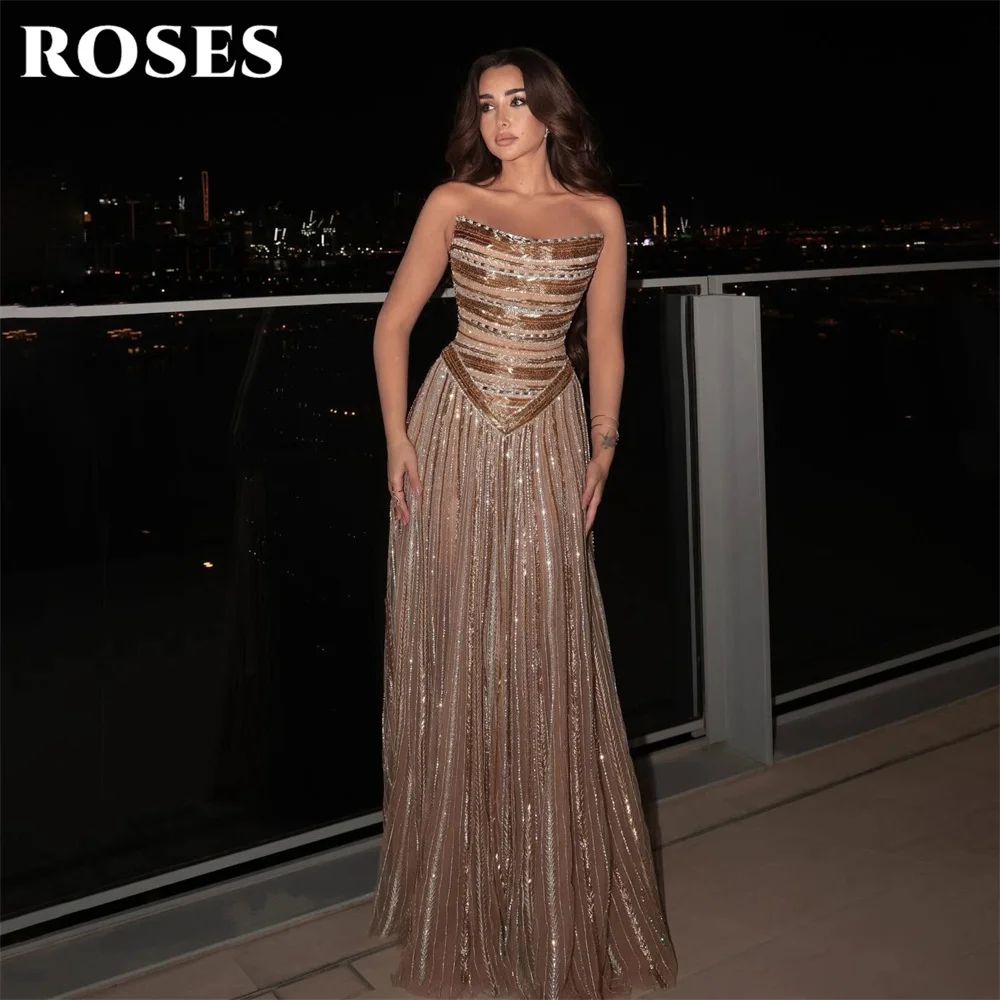 ROSES Brown Prom Dresses Strapless Sleeveless Celebrity Dress with Glitter Sequins and Tassel Evening Dress Gorgeous Customized
