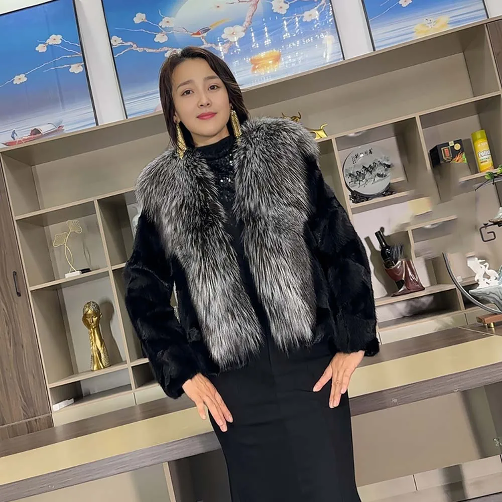 

2025 hot sale winter new mink fur coat female short silver fox fur collar spell mink fur coat
