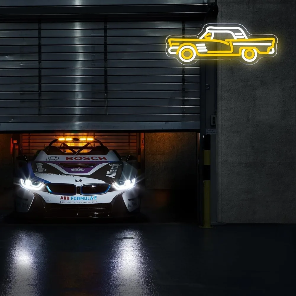 Vintage Sports Car Neon Sign, Cool Dimmable LED Retro Yellow Sports Car Shape Neon Signs for Garage Bar Game Room Man Den Gift