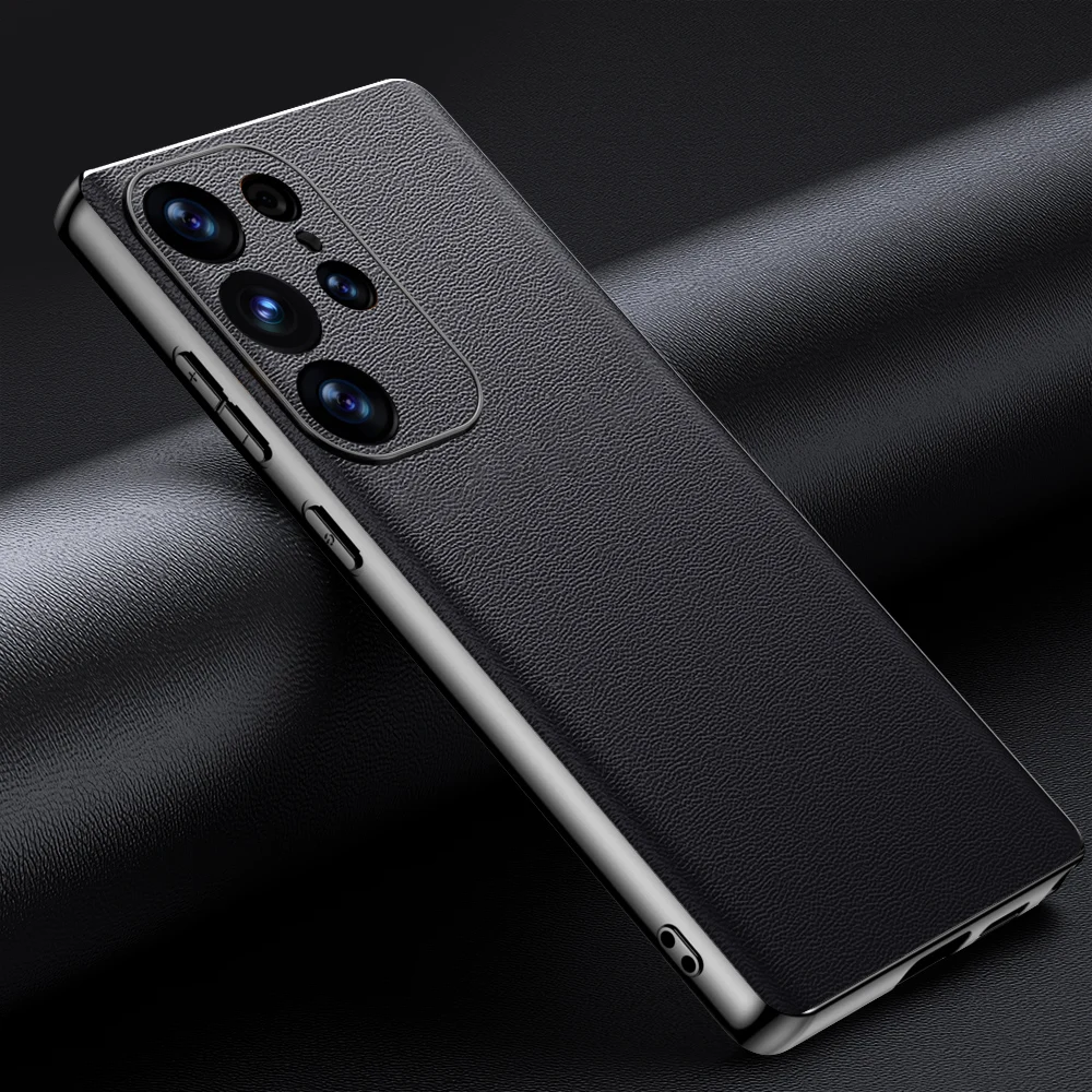 Custodia per telefono in pelle di lusso per Samsung Galaxy S25 S24 Ultra S25+ S24+ S22 S23 Plus con bordi placcati e copertura protettiva per fotocamera