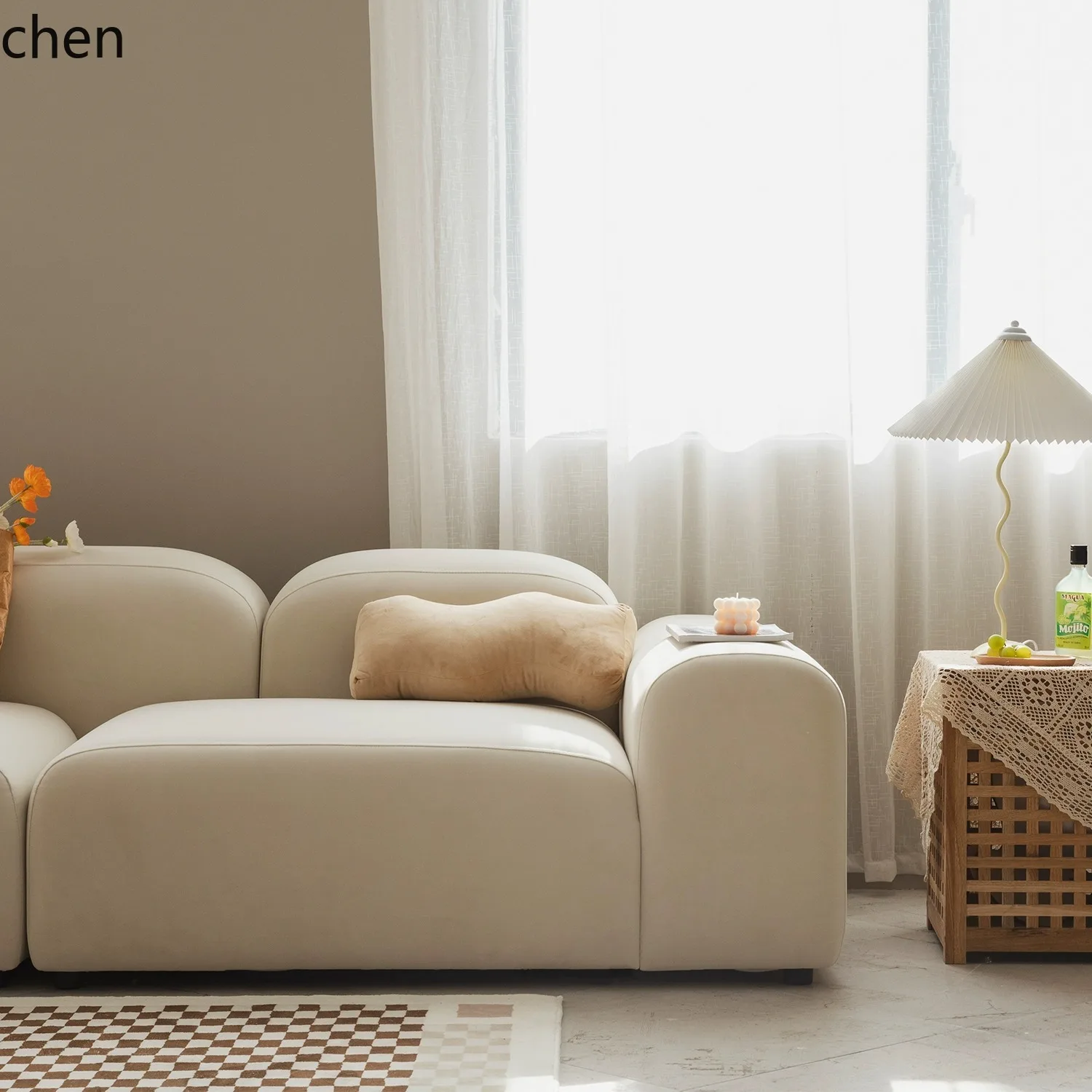 HTT كريم الرياح التوفو كتلة وحدة أريكة غرفة المعيشة شقة صغيرة بسيطة وابي ساندي الرياح السرير والإفطار نسيج مزدوج #3