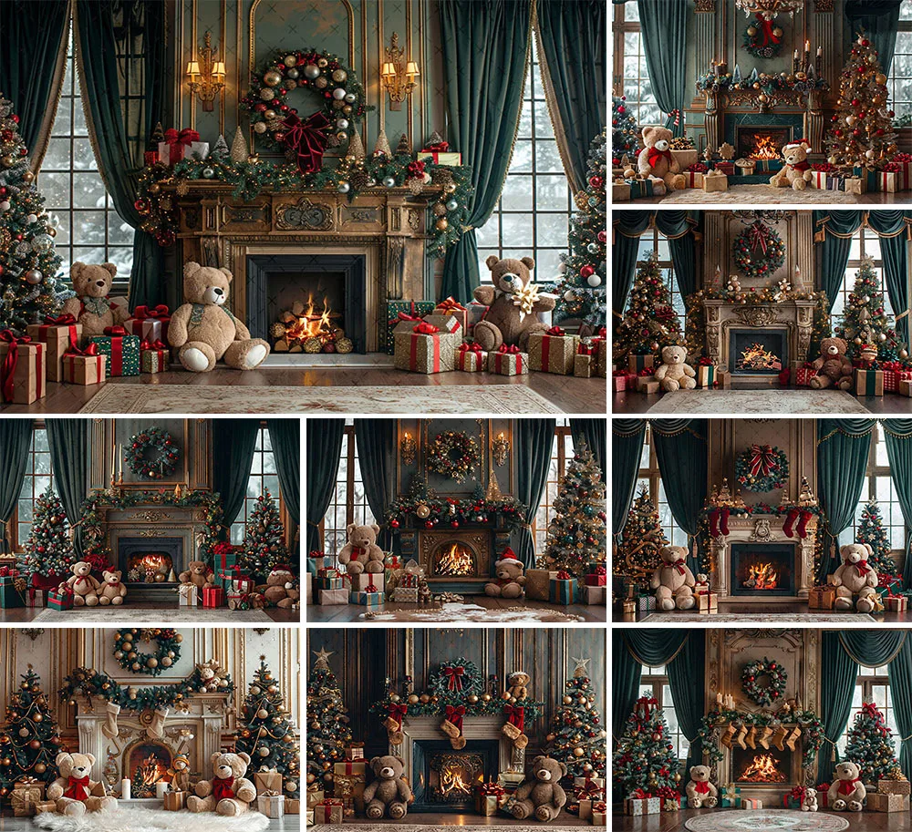 

Mehofond Photography Background Winter Christmas Fireplace Bear Gift Xmas Trees Kids Family Portrait Decor Backdrop Photo Studio