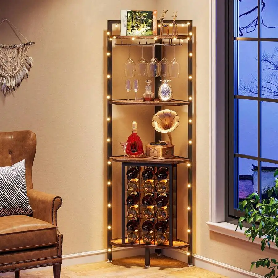 4-Tier Corner Wine Rack With Glass Holder, Industrial Corner Bar Corner Wine Cabinet, Freestanding Corner Wine Shelf For Living Room, Small Space