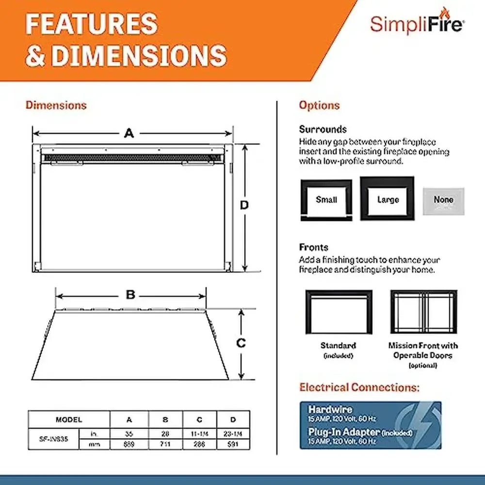 35-Inch Electric Fireplace with Masonry-Style Interior and Textured Log Set 4 Flame Intensity Levels Integrated Heater Corded