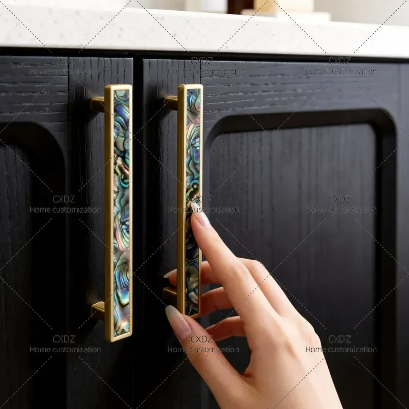 Light Luxury Brass Handle Wardrobe Door Knob Premium Pure Natural Shell Cabinet Drawer Pull Long Handle for Home Furniture