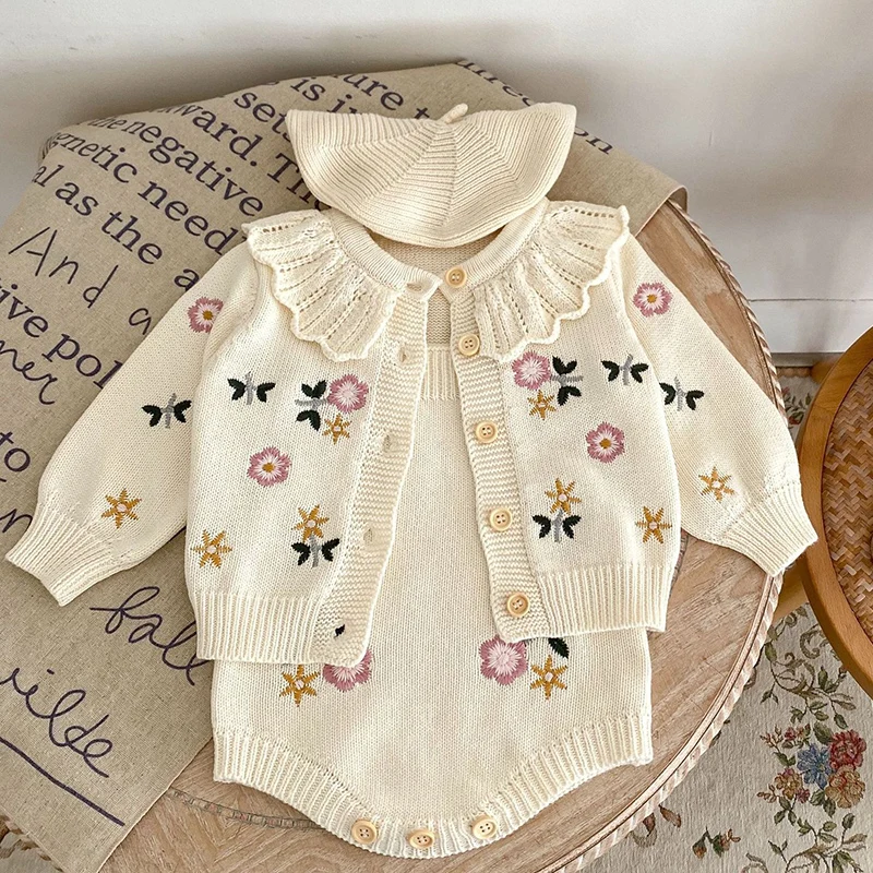 Autumn Winter Toddler Baby Girl Knitting Clothes Suit Floral Embroidery Cardigan+Jumpsuit Infant Baby Girls Knitted Clothing Set