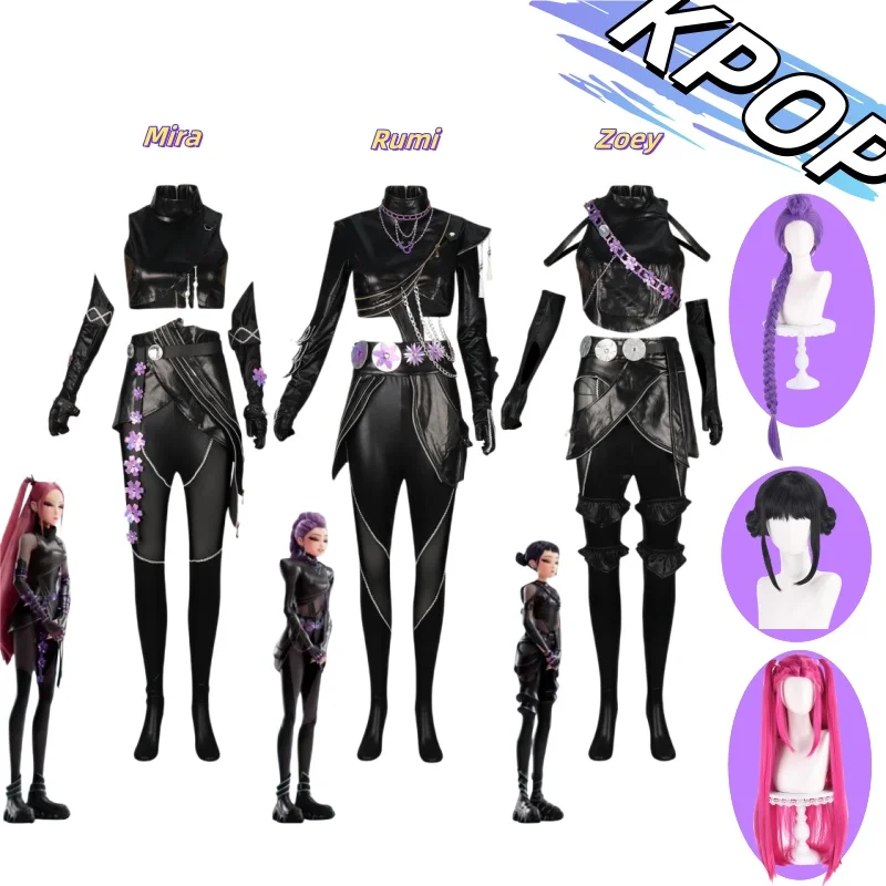 Rumi Zoey Mira Kpop Demon Hunter Cosplay Black Leather Jacket Suit Costume Sword For Women Girls Fantasy Halloween Party Suit