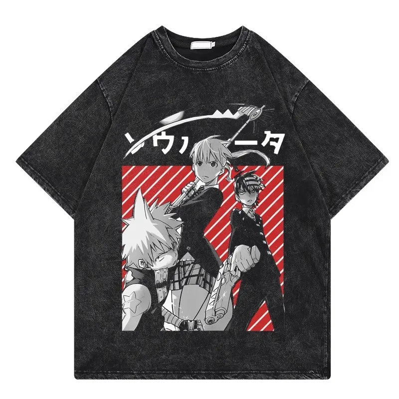 Vintage Washed Soul Eater Maka Black Star Death The Kid Group Graphic Tee Unisex Oversized Anime Streetwear Short Sleeve T‑Shirt