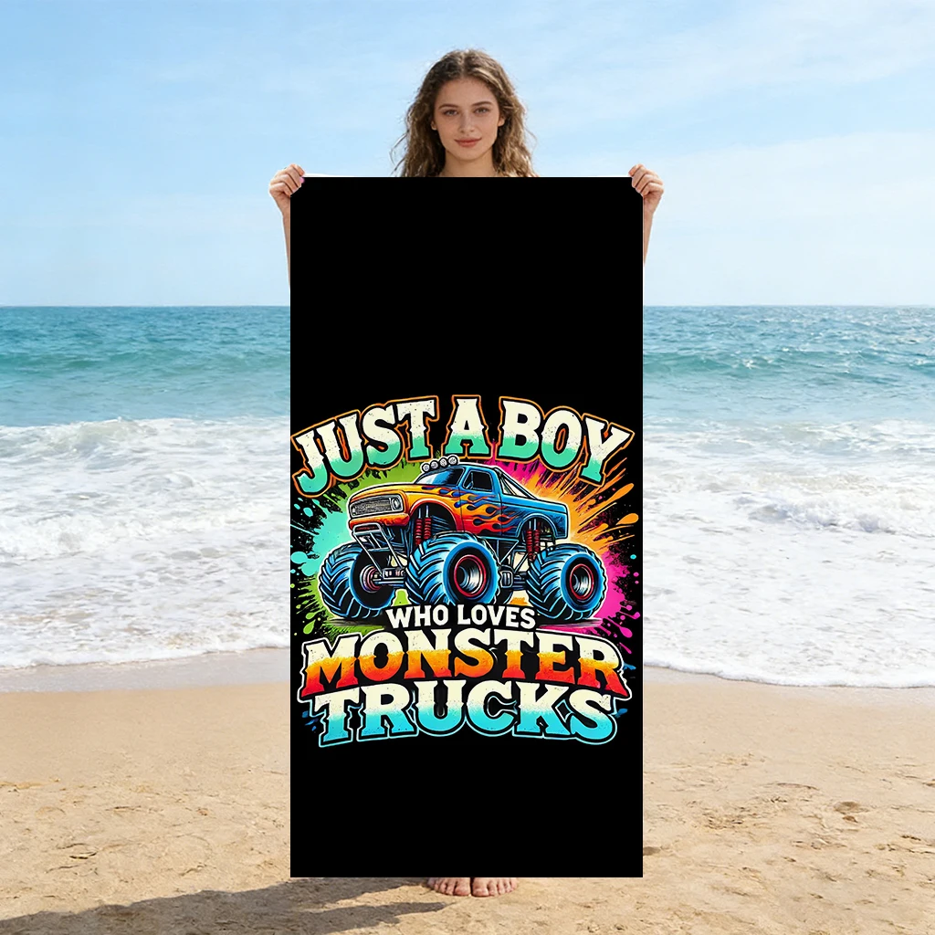 1 Stück Strandtuch mit Aufschrift „Just A Boy Who Love Monster Trucks“, super saugfähig, geeignet für Strandurlaub, Pool, Sommer, Geschenk für Freunde und Kinder