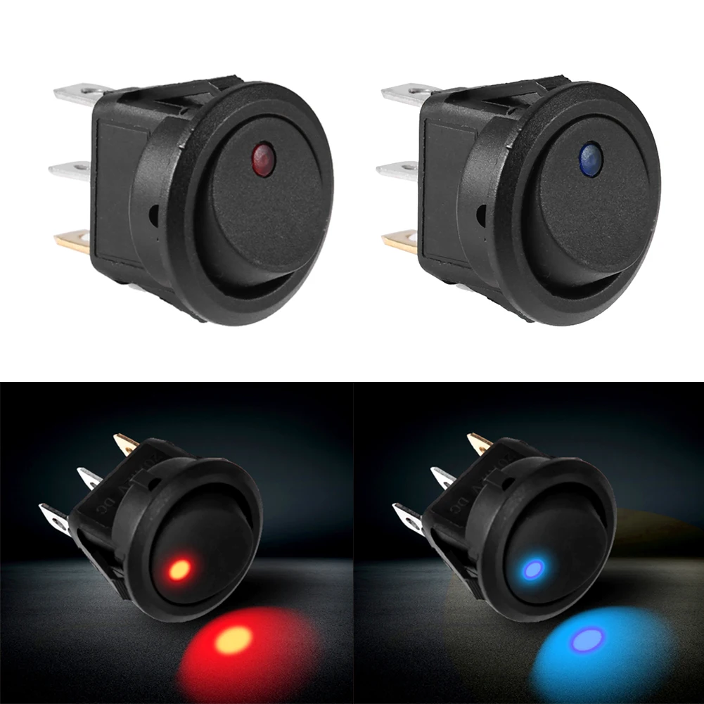 1Pc 12V DC Waterproof Round Rocker Switch Dot Dash Car Van Boat LED Illuminated Light Toggle Switch ON/OFF Black Button