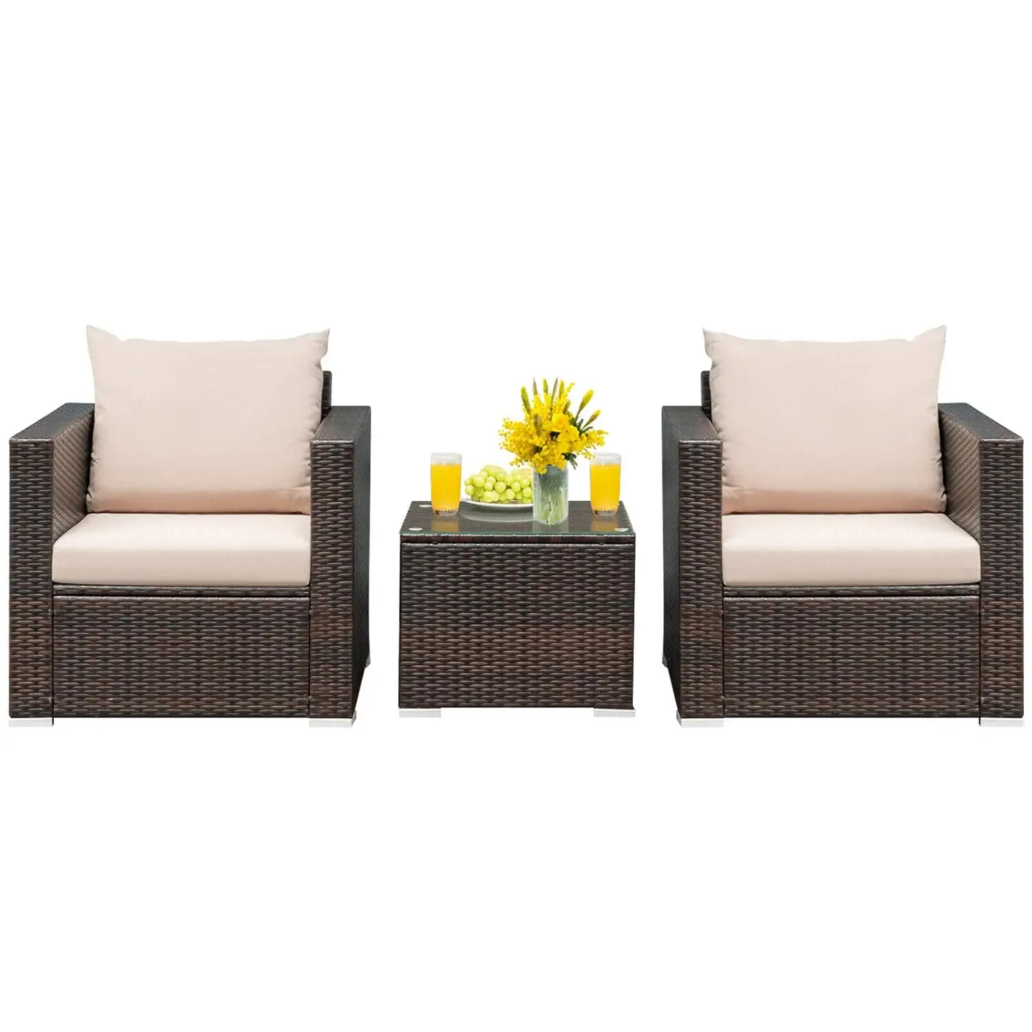 3PCS Patio Furniture Set with Coffee Table Outdoor Rattan Wicker Conversation Sofa Set with Washable Cushions for Garden Poolsid