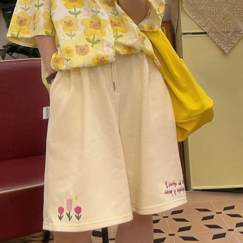 BIBULU Versatile Cute Tulip Embroidery Candy Colored Shorts Girls Wide Leg Straight Cut Sweatpants Summer Casual Trousers