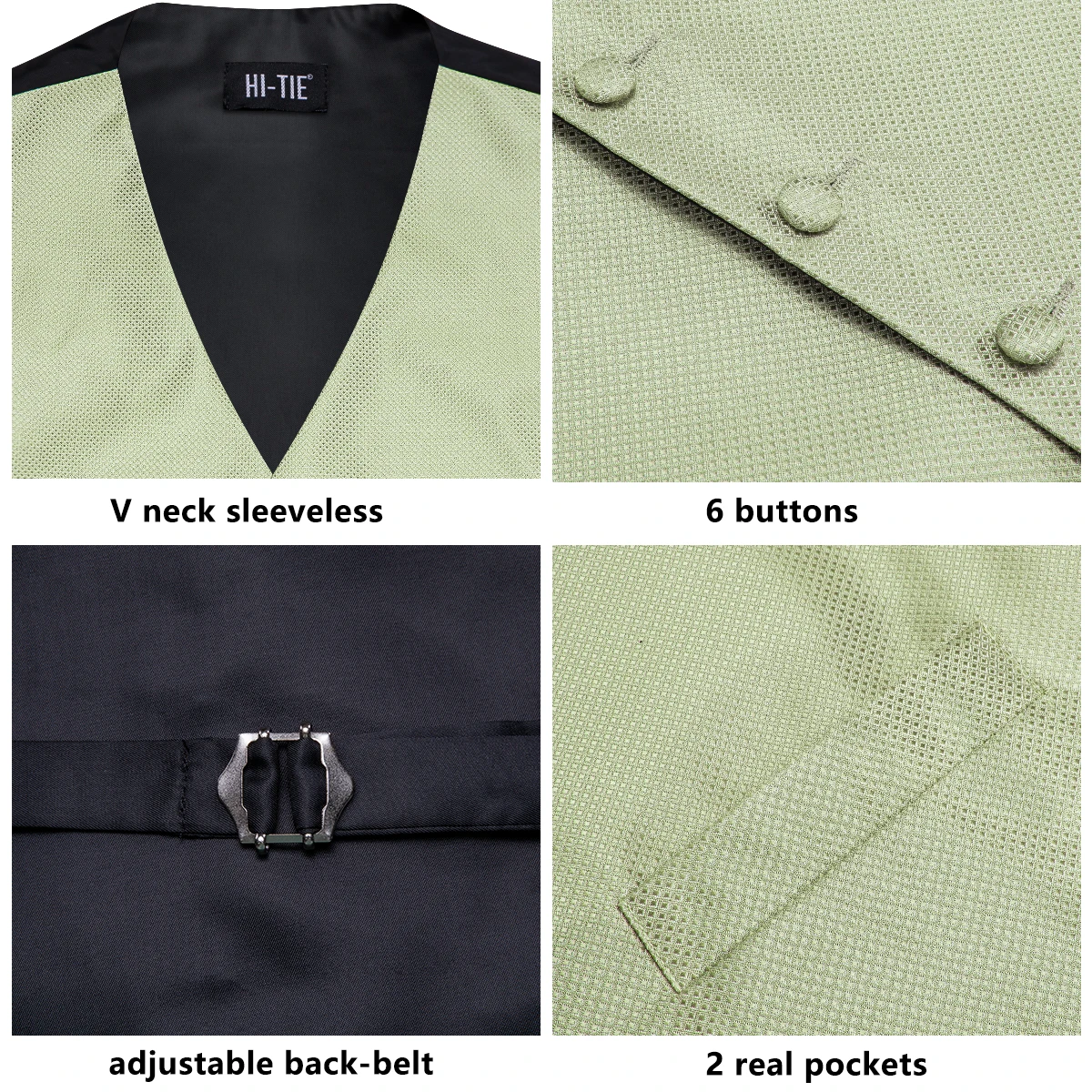 Hi-Tie Silk Mens Suit Vests 4PC Woven Sage Green Solid Waistcoat Tie Pocket Square Cufflinks Business Wedding Dress Waist Jacket