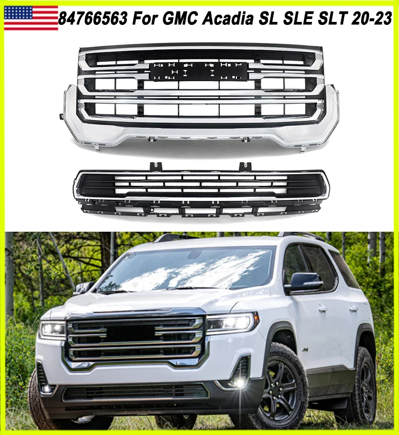 

Modified Grill For GMC Acadia SLT SLE 2020 2021 2022 2023 Upper+Lower Grille Front Bumper Racing Grille Assembly Chrome Magickit