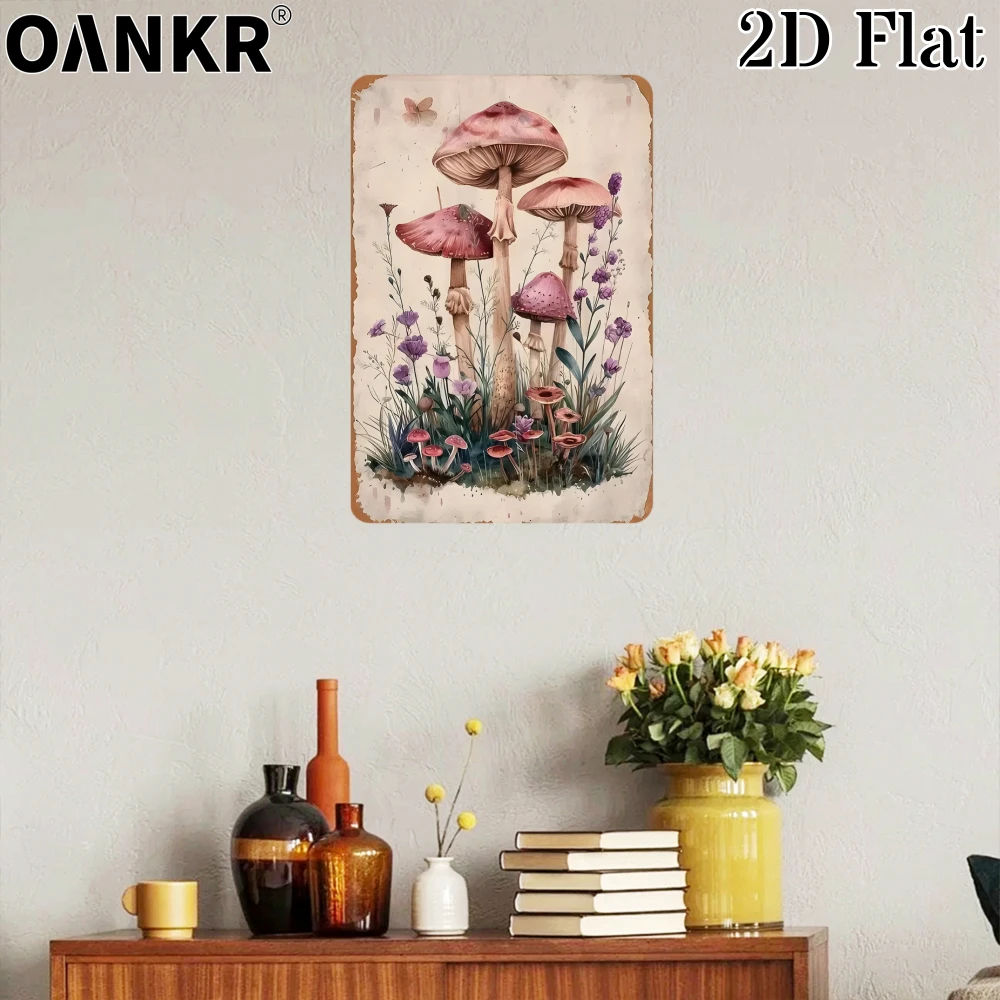 Retro Mushroom Wildflower Metal Tin Sign, Vintage Floral Wall Art Decor, Classic Aesthetic Iron Plaque for Home Bedroom Garden