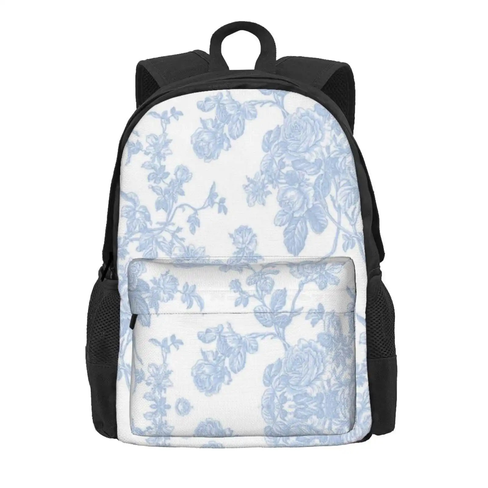 Toile, Dusk Blue Vintage Roses Pattern Hot Sale Schoolbag Backpack Fashion Bags Dusk Blue Roses Pattern Blue Bell Pattern Blue