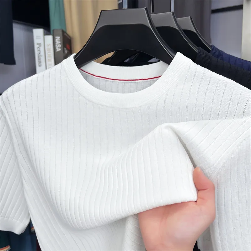 Real Good Lyocell Knitting Tops 2026 Summer Classic Solid Breathable Silk Cotton Knit Clothes Short Sleeve Knitwear  T-shirts